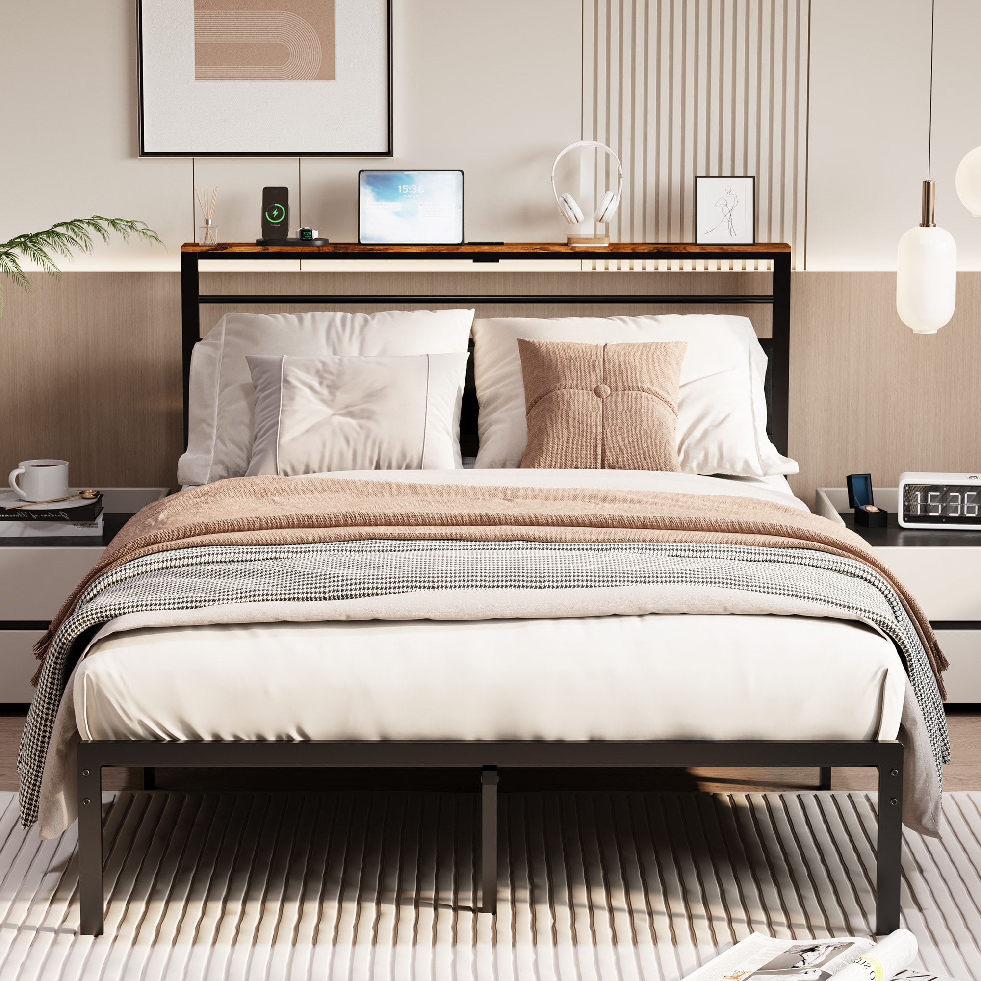 Queen Size Bed Frame With Charging Station And Storage Headboard_voghion.com